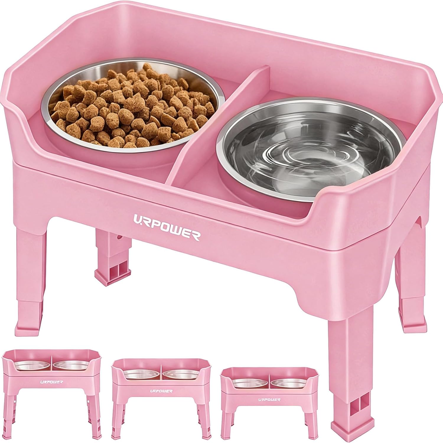 URPOWER 3-in-1 Elevated Dog Bowls - Double Deck Raised Dog Bowl Stand | 4 Adjustable Heights, 2 Stainless Steel Food Bowls, Mess Proof Licking Plate, Foldable Stand for Small Medium & Large Dogs