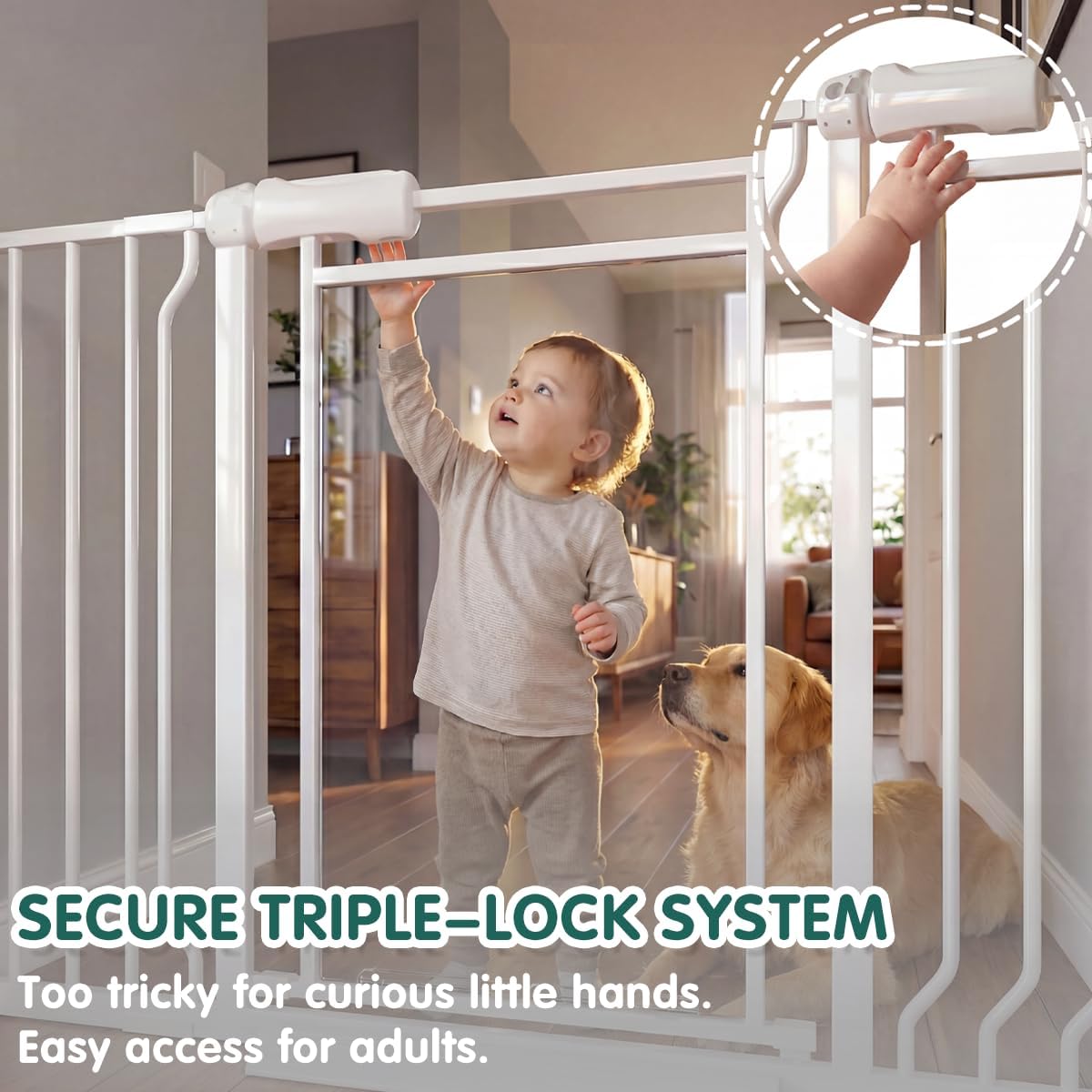 Triple-Lock Acrylic Extra Wide Baby Gate 66.95"-74.8", Crystal Clear Transparent Pet Gate for Dogs, Heavy Duty Metal Gate for Doorways, Pressure Mount Child Safety Barrier, Auto Close, White