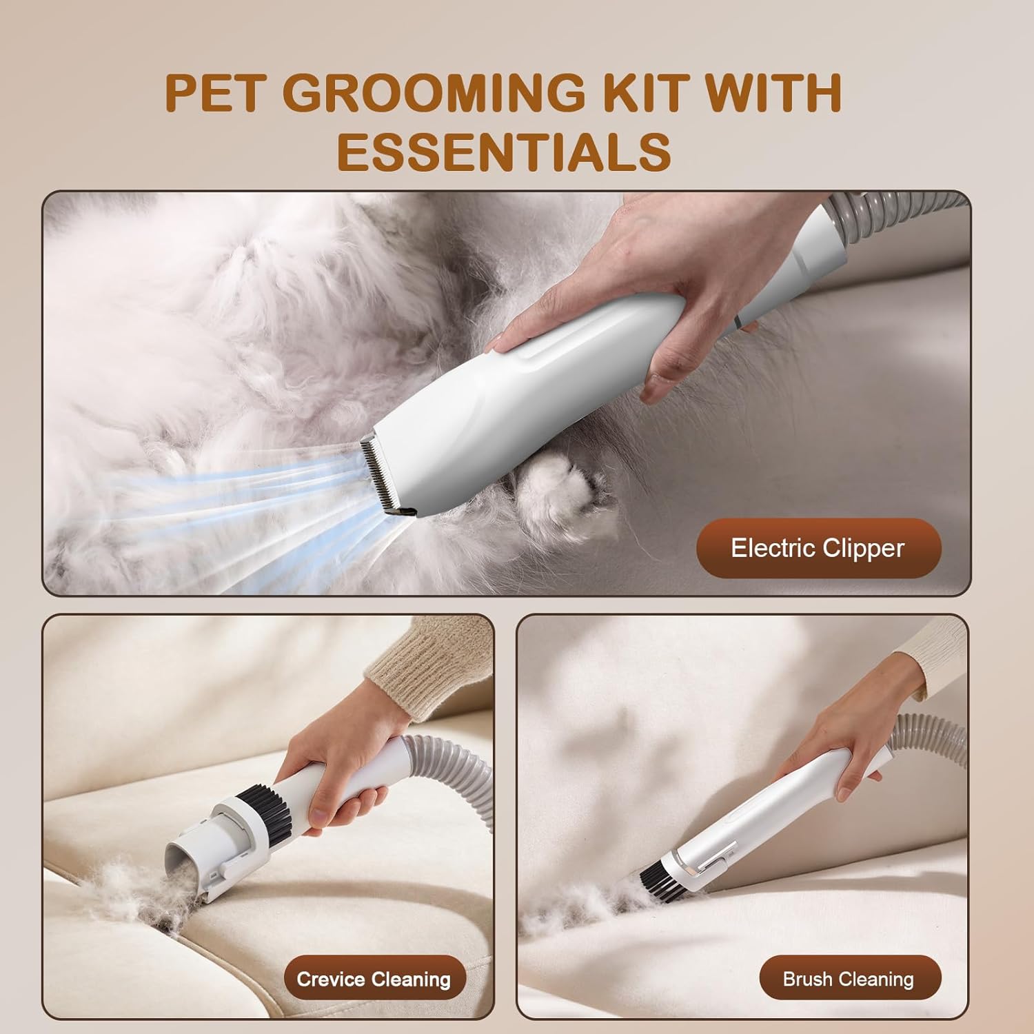 Dog Grooming Kit, 3 Suction Modes Dog Brush Vacuum with 6 Pet Grooming Tools (Eggshell)
