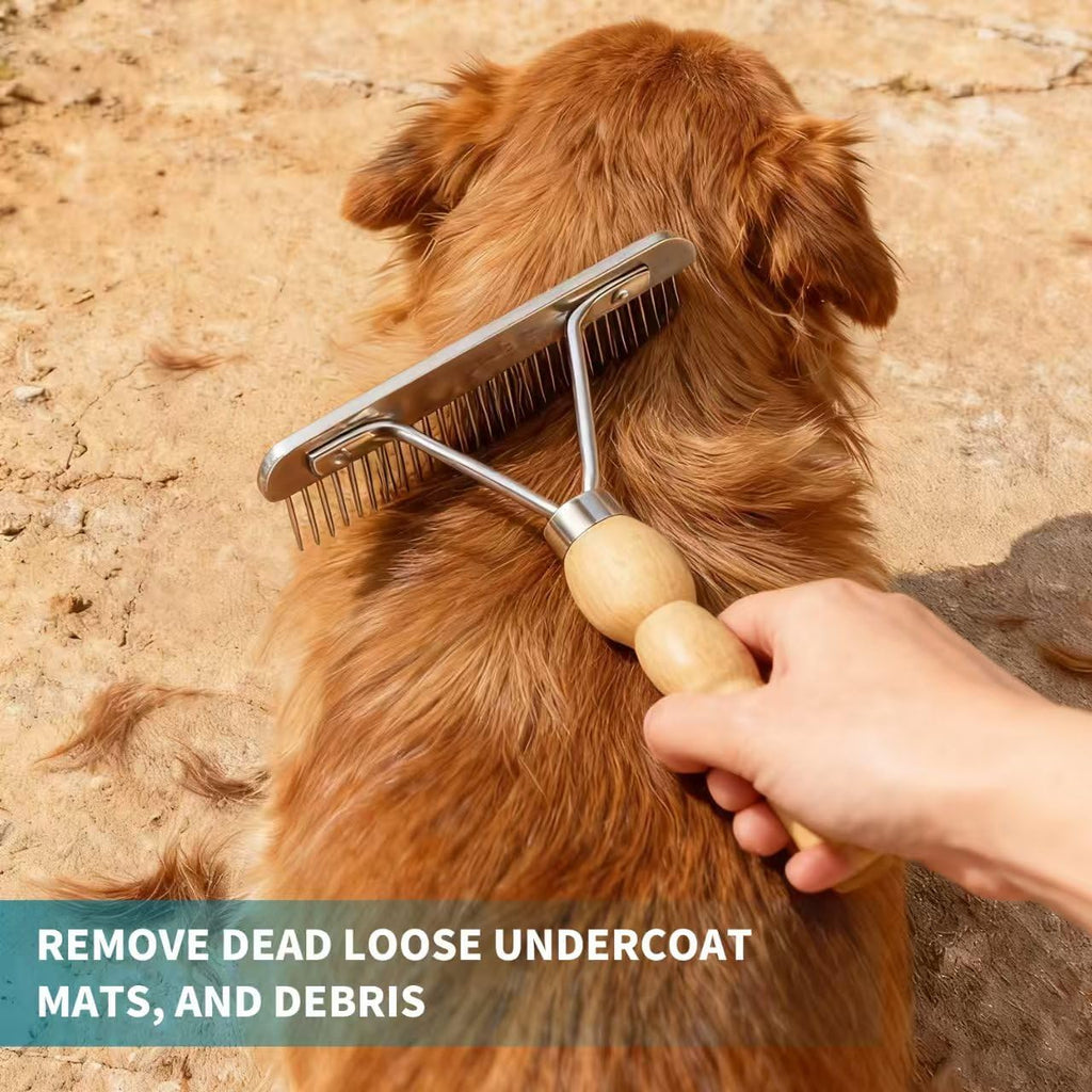 Undercoat Grooming Rake with Anti-Slip Wooden Handle, Steel Comb for Medium & Large Pets