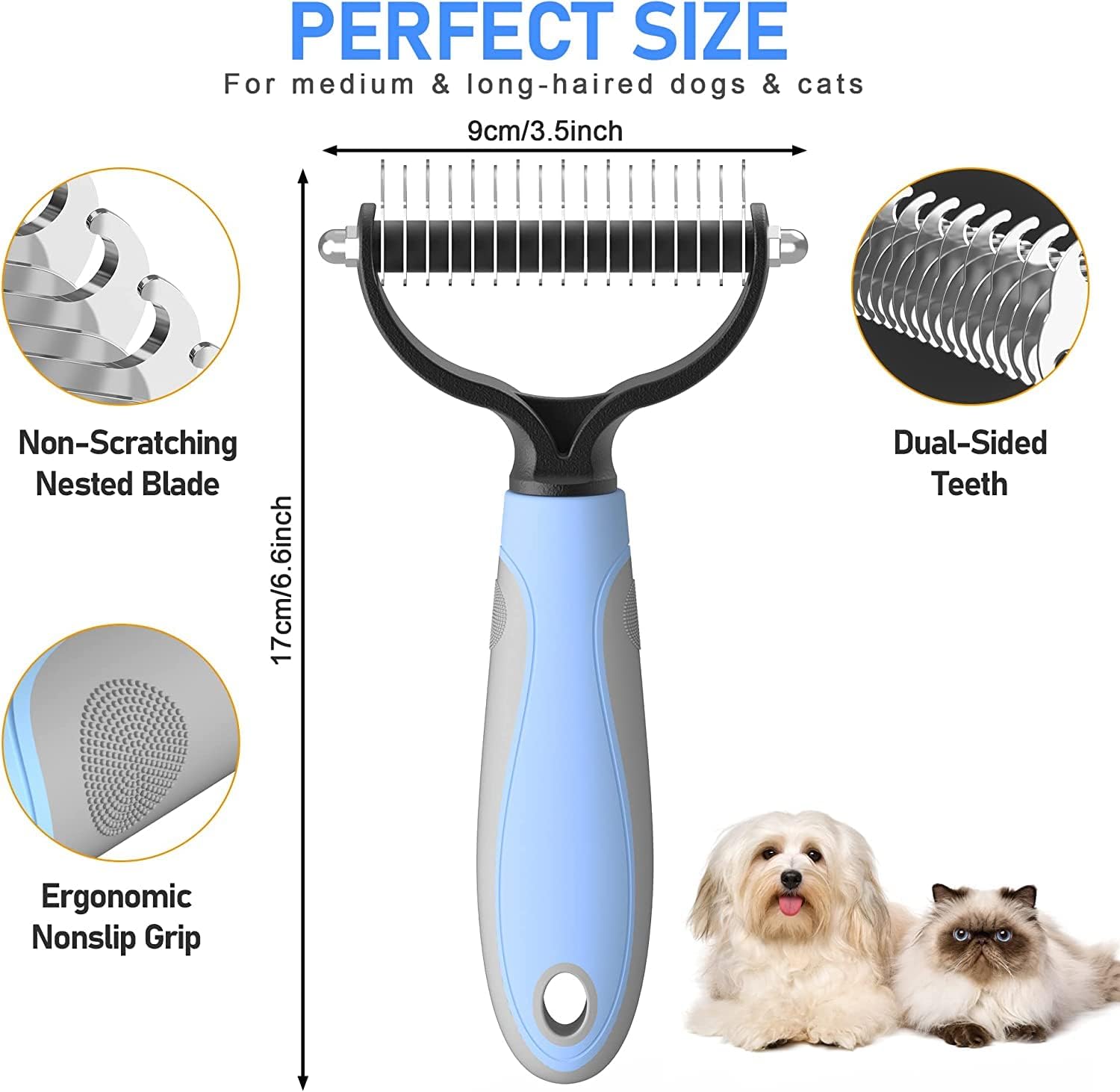 Grooming Tool- Dog and Cat Dematting Comb and Brush with 2 Sided Professional Grooming Rake (Blue, Grey)