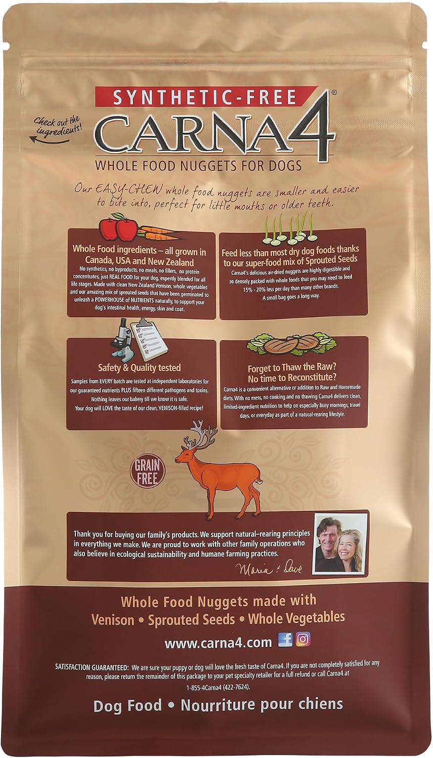 CARNA4 Air Dried Dog Food, Venison Recipe, 5 Pound | Pastured New Zealand Venison & Sprouted Seeds, Quick-Baked & Never Extruded, Easy-Chew, No Synthetic Vitamins or Minerals