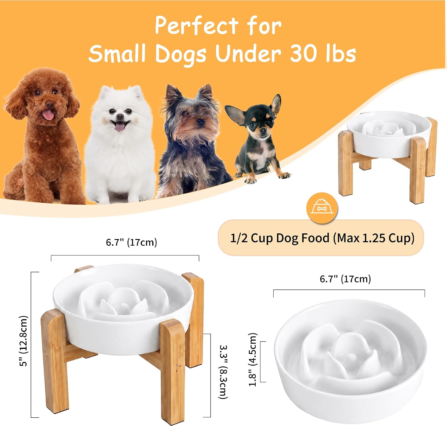 Elevated Slow Feeder Dog Bowl, 6.7" Ceramic Maze Dog Bowl with Stand | 1.5 Cups Slow Feeding Dog Dish for Fast Eaters, 5" Tall Anti-Slip Raised Slow Feeder for Small and Medium Breeds, White