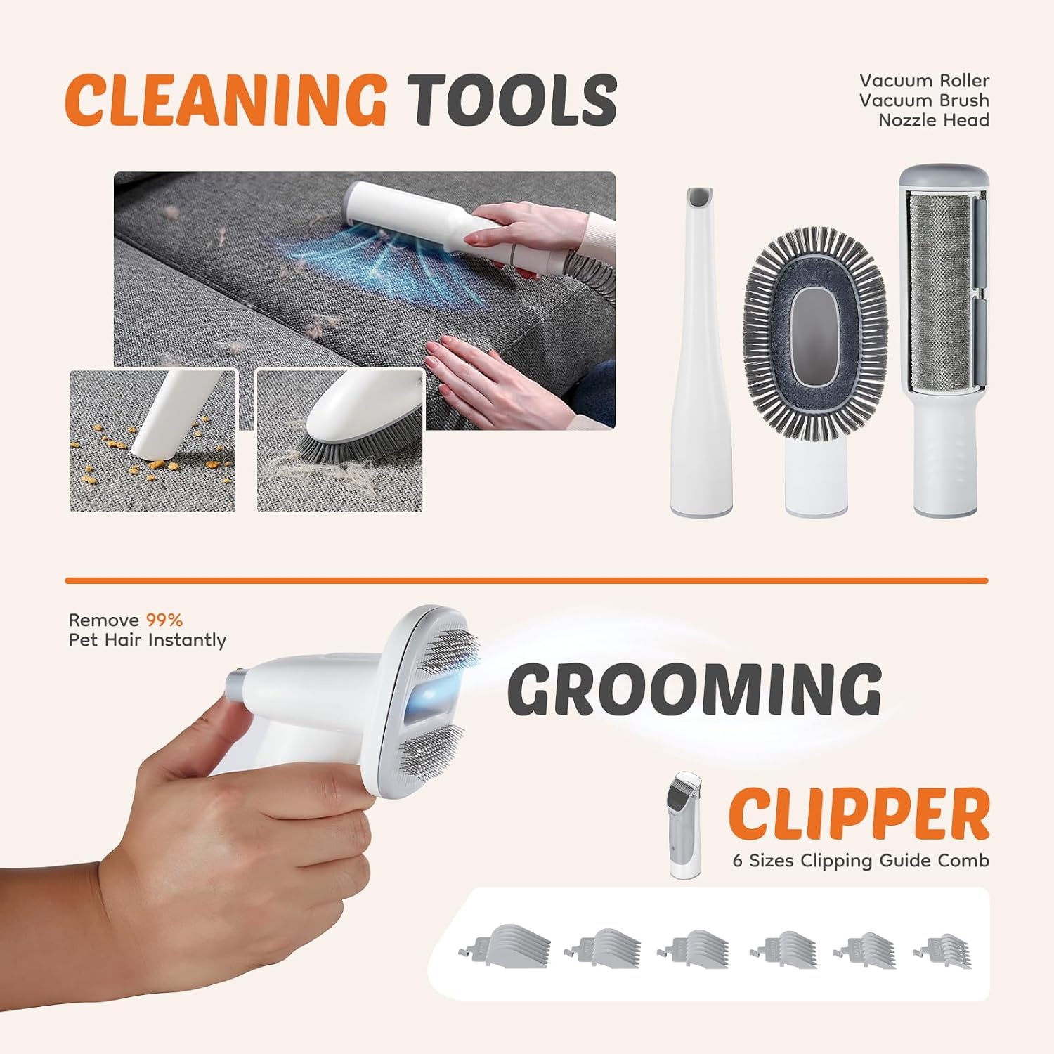 DUMOS Pet Grooming Vacuum Kit, 3 Adjustable Suction Modes | Dog Hair Clipper, 5 Professional Grooming Tools with Low Noise Cat Hair Clippers, 2.5L, Ivory