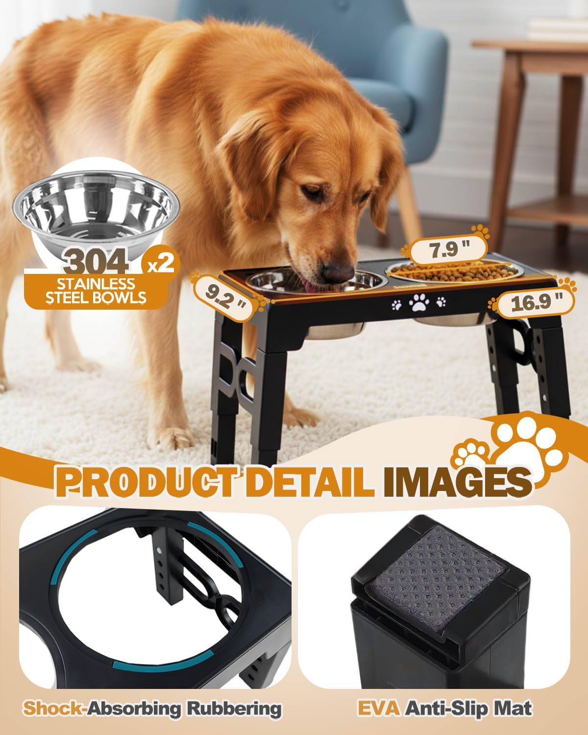 Jovrun Elevated Dog Bowls for Medium Large Size Dogs, Non-Slip Dog Feeder with 2 Stainless Steel Dishes, 5 Heights Adjustable Raised Bowls to 3.15″-8.66″-9.84″-11.02″-12.2″