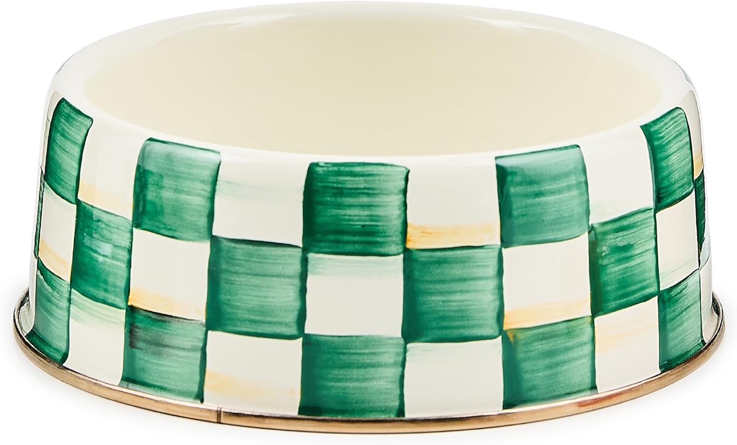 MACKENZIE-CHILDS Enamel Pet Dish, Large, Green-and-White Emerald Check | Hand-painted design, made from enameled steel, decorative cat and dog bowl for food and water, 40-ounce capacity