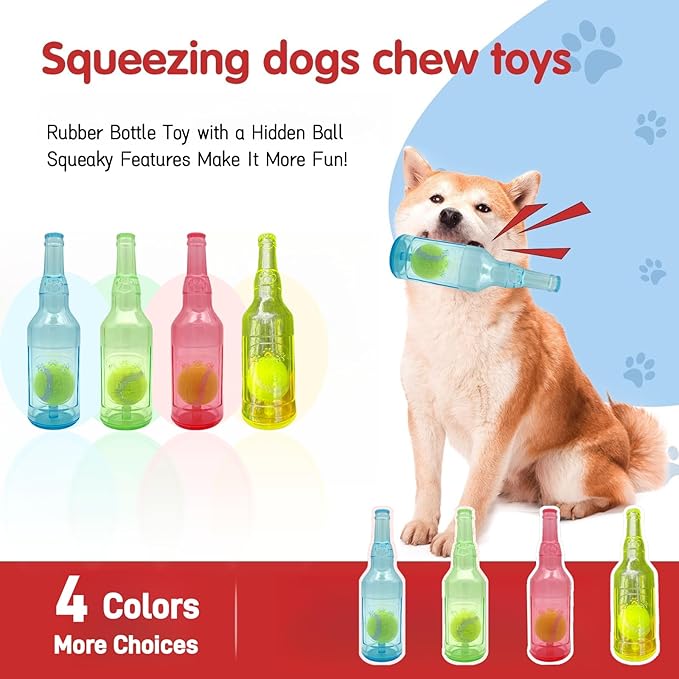 Tennis Ball in Bottle Dog Toy [2025 New Upgrade] Reinforced and Thickened Rubber Bottle Dog Chew Toy with Ball Squeaky Fetch Toy Tough (Blue, Medium)