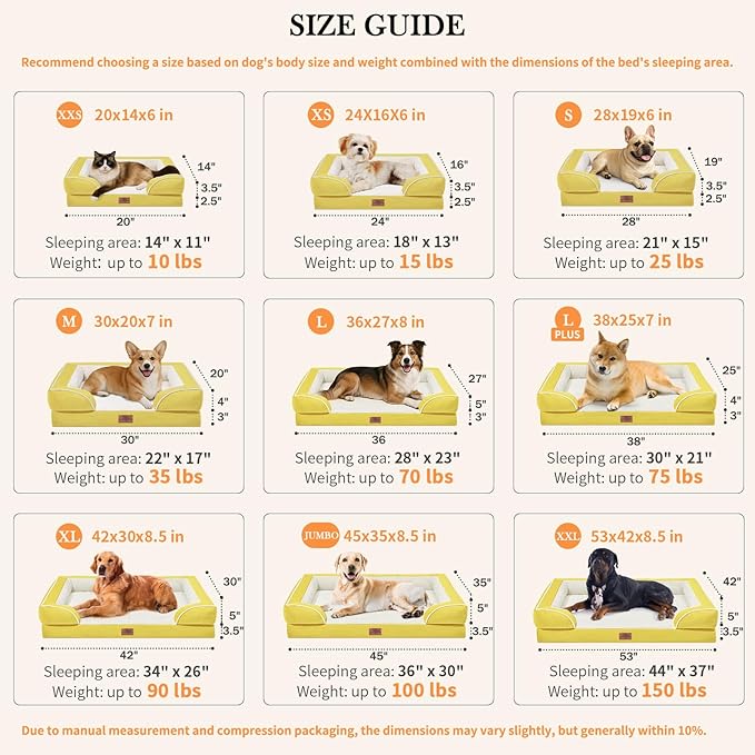 Comfort Expression Orthopedic Dog Bed for Extra Large Dogs 53x42 Inch, Waterproof Egg Crate Foam XXL Pet Bed with Removable Bolsters, Dog Couch with Washable Cover & Non-Slip Bottom, Spicy Mustard