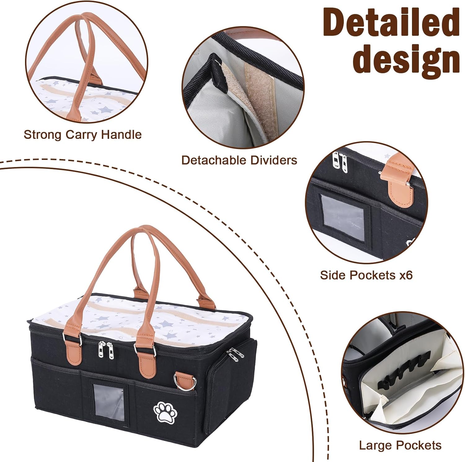 Felt Dog Grooming Bag,Portable Tote Bag for Dogs Cats,Dog Storage Organizer for Grooming Tool Kit,3 Compartments Pet Stuff Oganizers with 8 Pockets-Black
