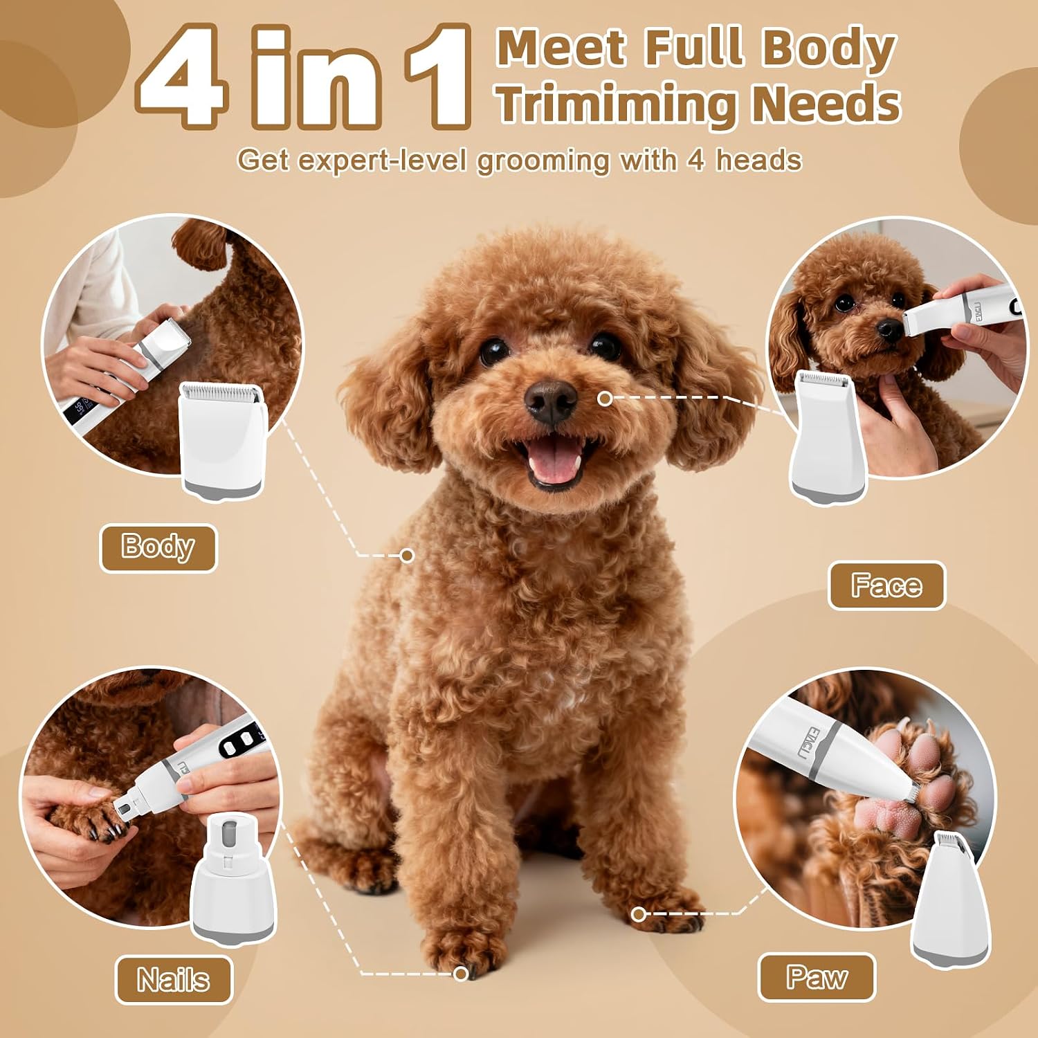 ETACCU 4 in 1 Dog Clippers Grooming Kit with LED Display, Cordless Dog Quiet Hair Trimmer for Paw Nail Grinder, Rechargeable 2-Speed Cat Clippers Face Shaver for Paw Nail Body Ear