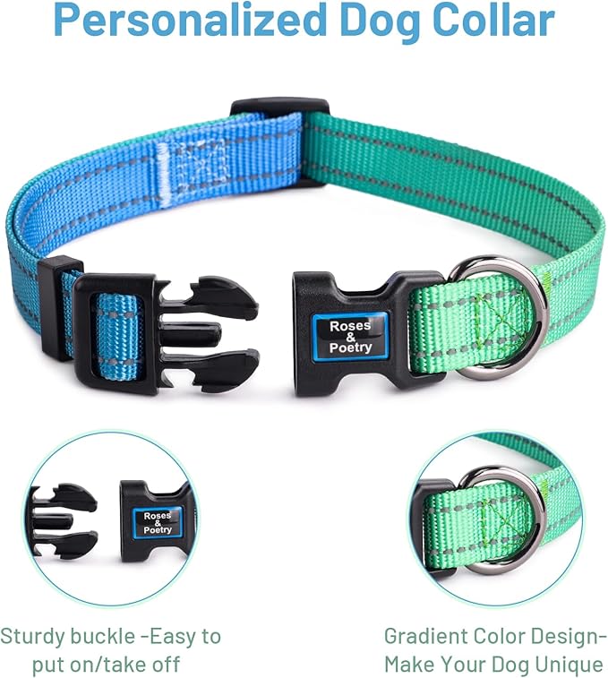 Roses&Poetry Collars for Dogs, Adjustable Reflective Durable Pet Collars for Small Medium Large Dogs (Bluegreen-XS)
