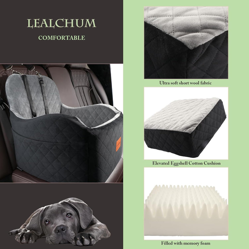 Lealchum Dog Booster Car Seat for S/M Dogs Up to 35lbs,Soft 6in Elevated Cushion,Fits in Front/Back Seat,Fully Detachable and Washable,2 Storage Pockets & 3 Straps,Easy to Install (Black/Brown,Medium)