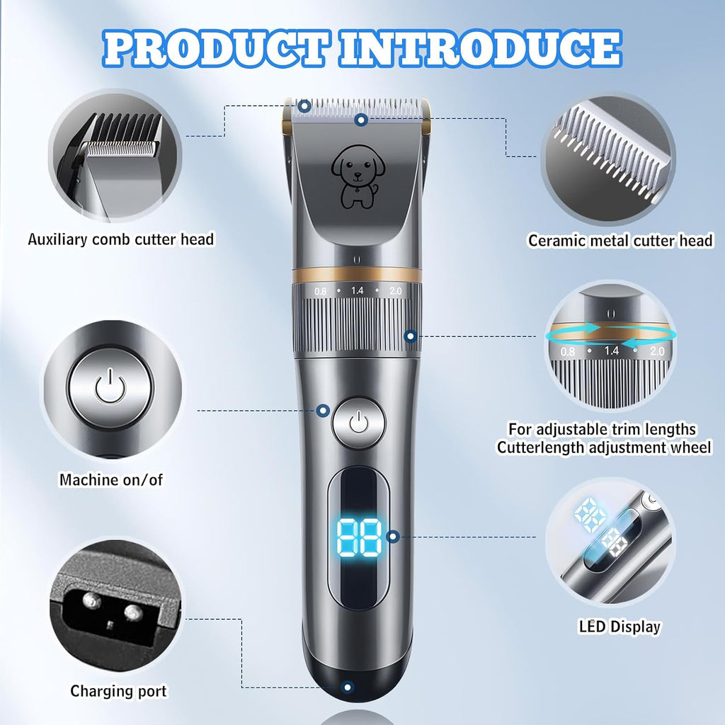 Dog Clippers Grooming Kit for Heavy Thick Coats Dog Cat Pet | Low Noise, Rechargeable Cordless, Long Battery, LCD Display, Simple for Beginners, 4 Guide Combs, IPX7 Waterproof, Detachable
