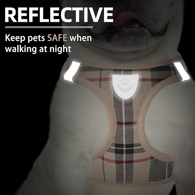 PUPTECK Adjustable Dog Harness Collar and Leash Set Step in No Pull Pet Harness for Small Medium Dogs Puppy and Cats Outdoor Walking Running, Soft Mesh Padded Reflective Vest Harnesses, Beige XS