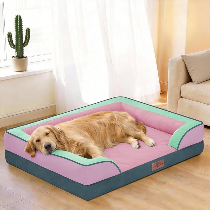 Comfort Expression Orthopedic Dog Bed for Extra Large Dogs 42x30 Inch, Waterproof Egg Crate Foam XL Pet Bed with Removable Bolsters, Dog Couch with Washable Cover & Non-Slip Bottom, Mint-Berry Dream