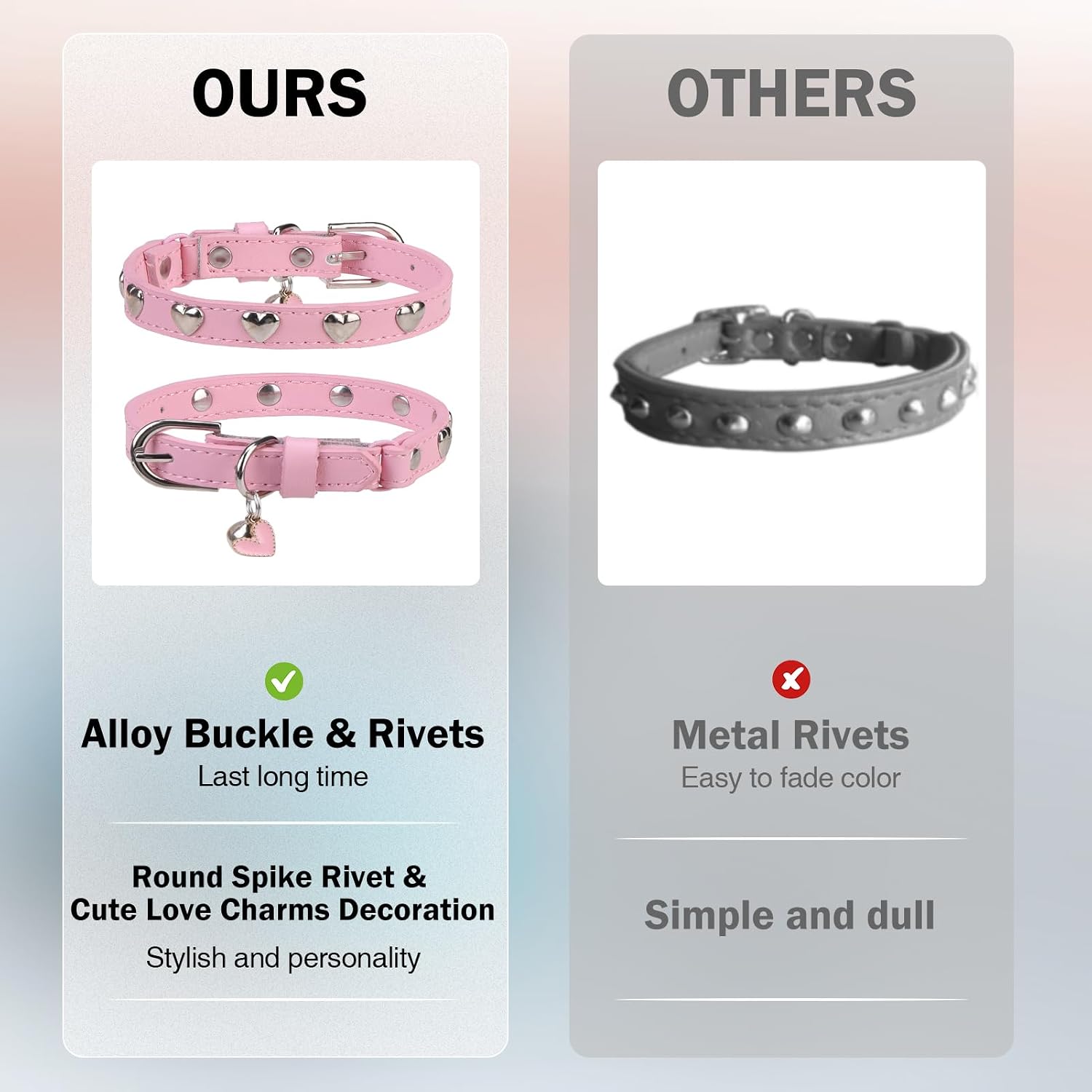 Leather Cat Collar, Breakaway Kitten Collars with Bell, Pink | Spiked & Studded, Cute for Boy Girl Small Pets, Goth Style, Safety Elastic Belt, Adjustable Buckle, Heart, 8-11in