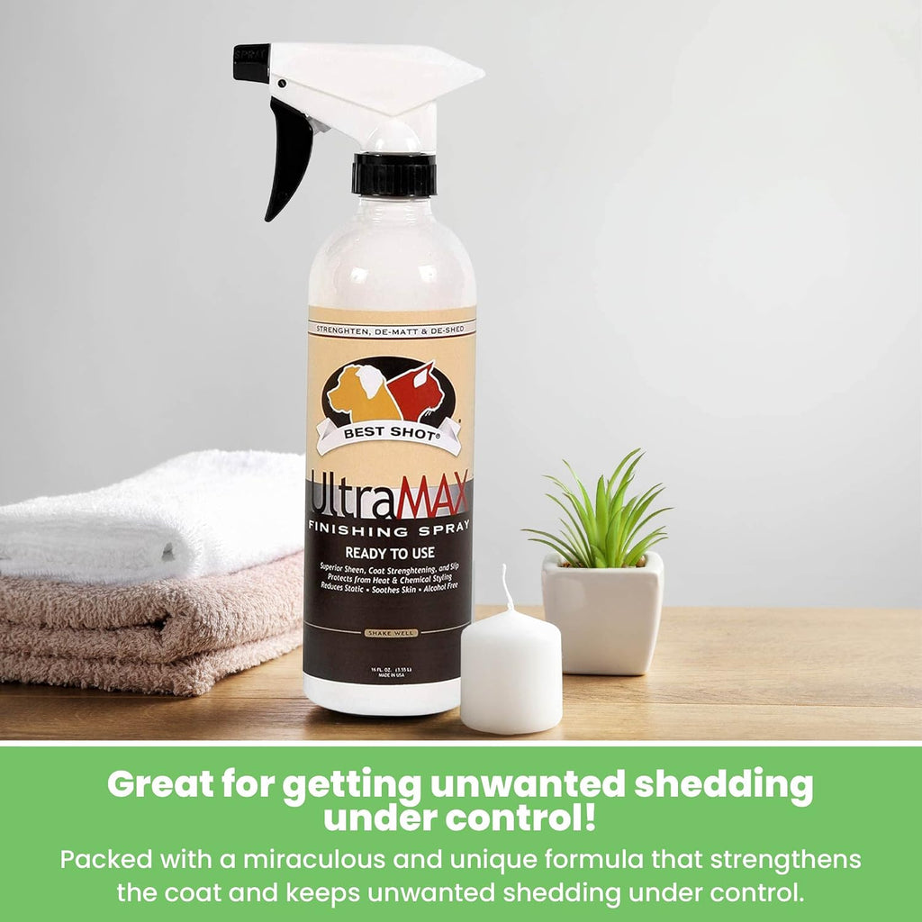 Best Shot UltraMAX Pro Finishing Spray, Ideal Detangler Spray for Pets, Hydrating and Soothing Pet Grooming Spray, for Dogs and Cats, 17 Oz. | Alcohol-free, adds sheen, detangles, hydrates, reduces static and speeds drying