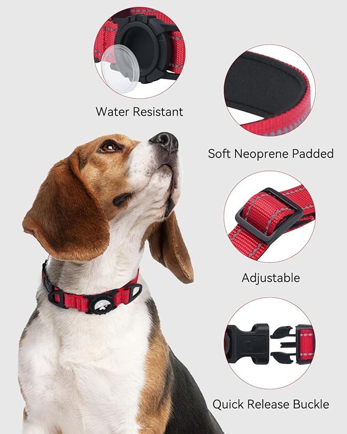 Joytale Airtag Dog Collar, Reflective Pet Collar with Waterproof AirTag Holder, Dual D-Rings, Soft Padded Adjustable for Extra Small and Puppy Dogs, Red, XS