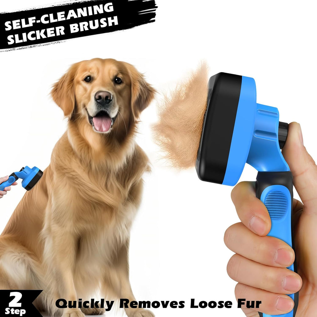 Professional 3PCS Self Cleaning Slicker Brush & Pet Grooming Rake & Flea Comb for Dogs,Cats and Horses | Double-Sided Dematting Comb & Skin Friendly Deshedding Grooming Tool | Pet Supplies (Blue)