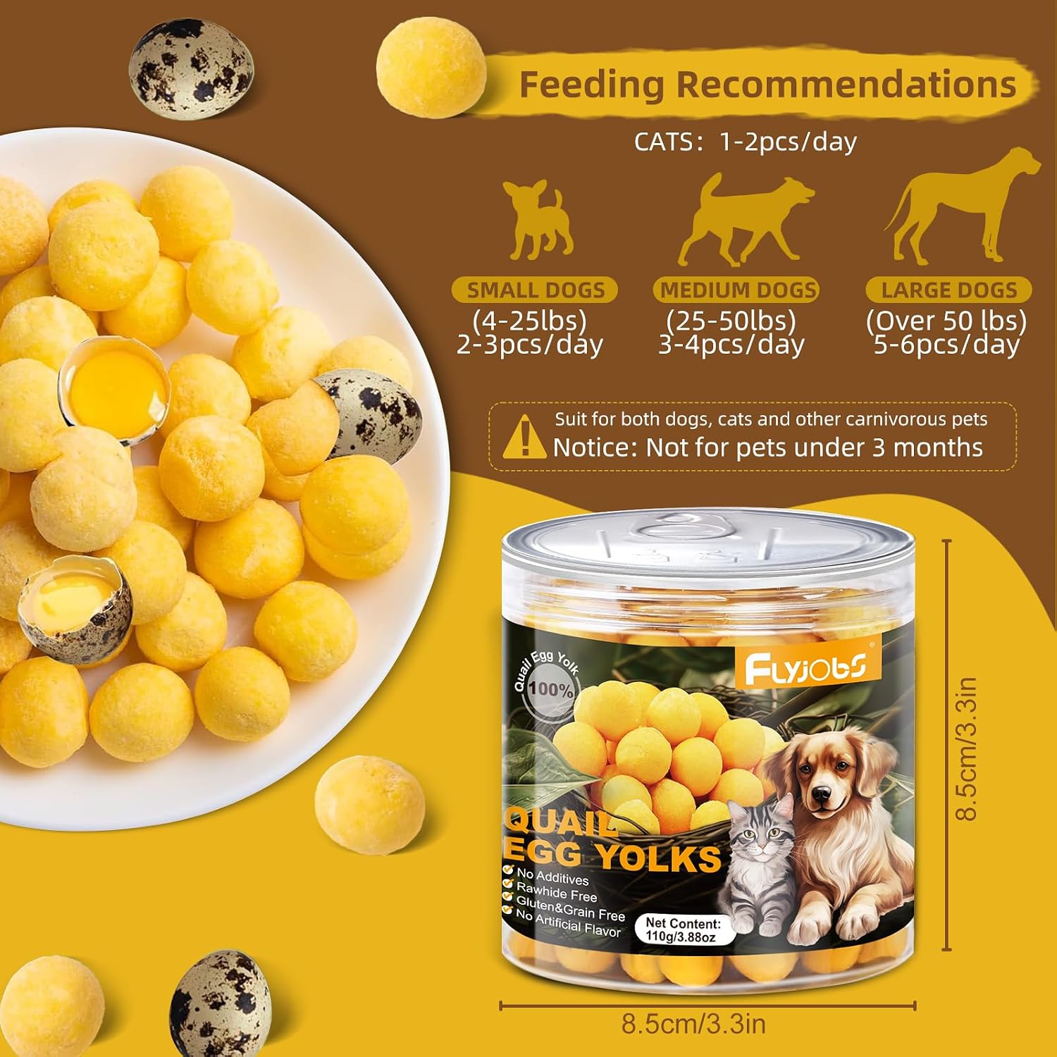 Dehydrated Quail Egg Yolk Snacks for Cats and Dogs Training (110g/3.88oz), Natural Dog Food Limited Ingredient, Healthy Tasty Freeze-Dried Pet Treats for Dogs Cats (M, Egg)