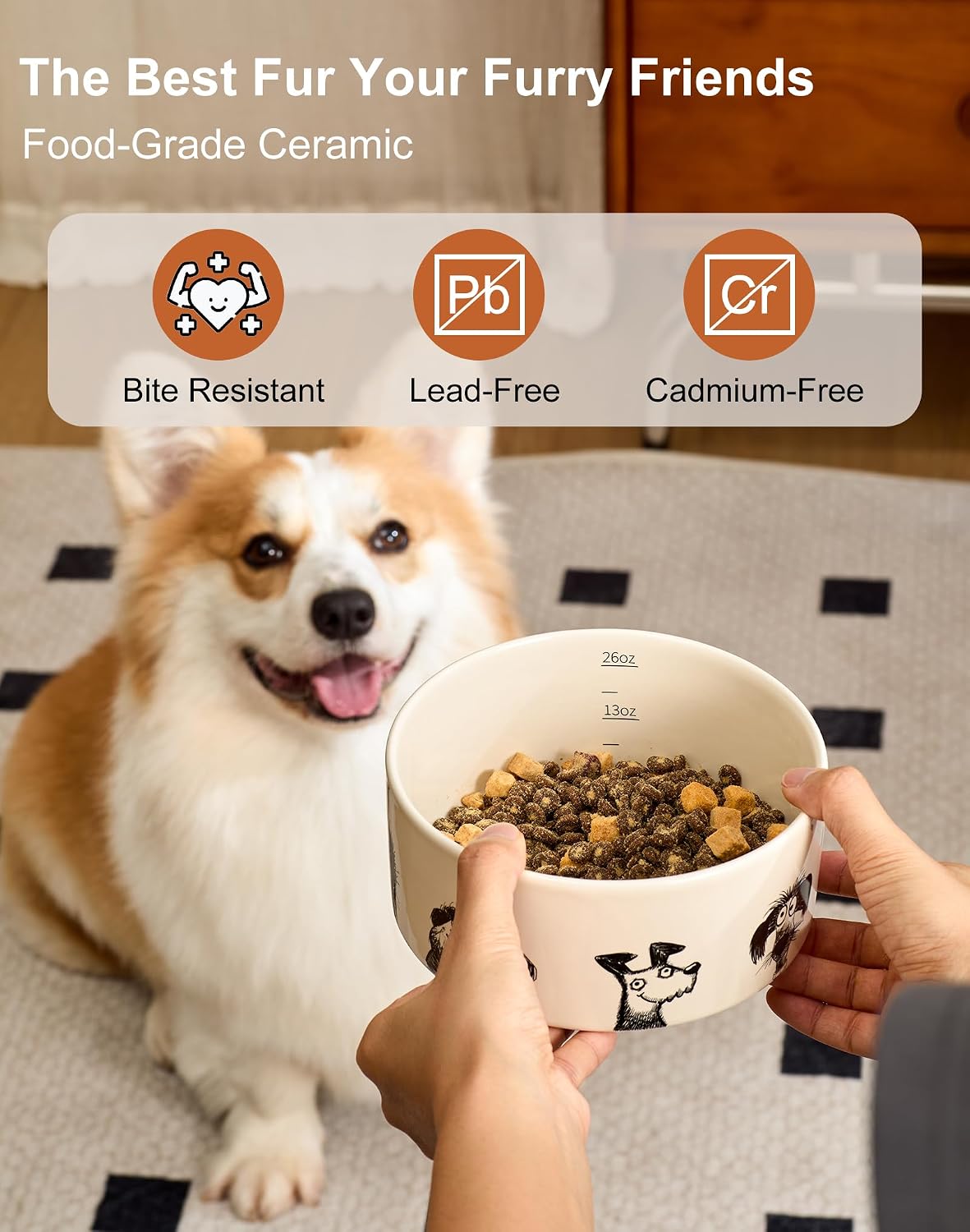Ceramic Dog Bowl for Medium Large Dogs, 6.5 Cups, Single Bowl | Heavy Non-Slip Stoneware Pet Feeding Bowl, Microwave & Dishwasher Safe, Cute Hand-Drawn Design