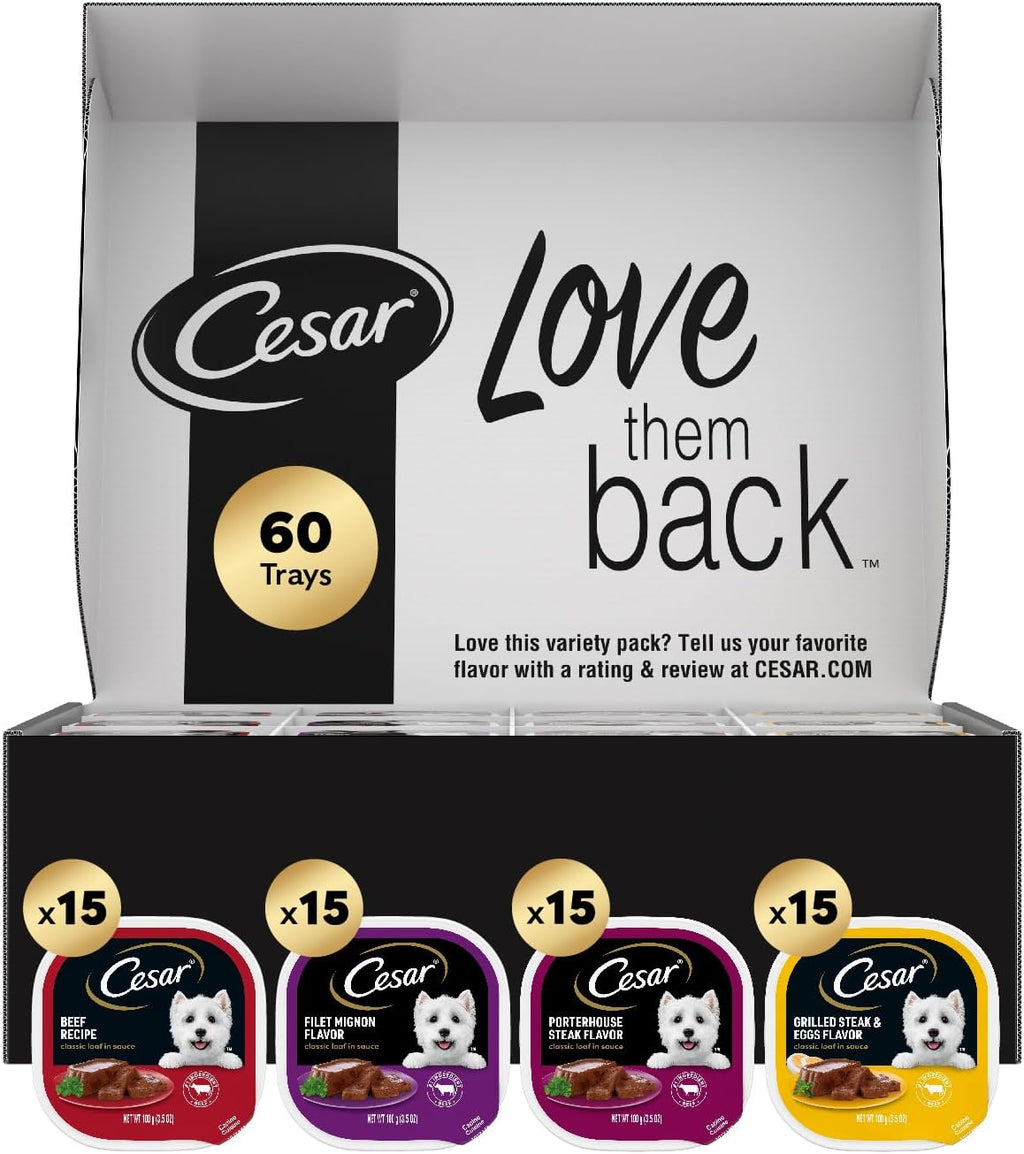 Cesar Classic Loaf in Sauce Wet Dog Food, Variety Pack, 3.5 oz, 60 Count | Made in USA, No fillers or artificial flavors, slow-cooked juicy texture, works as a meal or food topper, easy peel trays