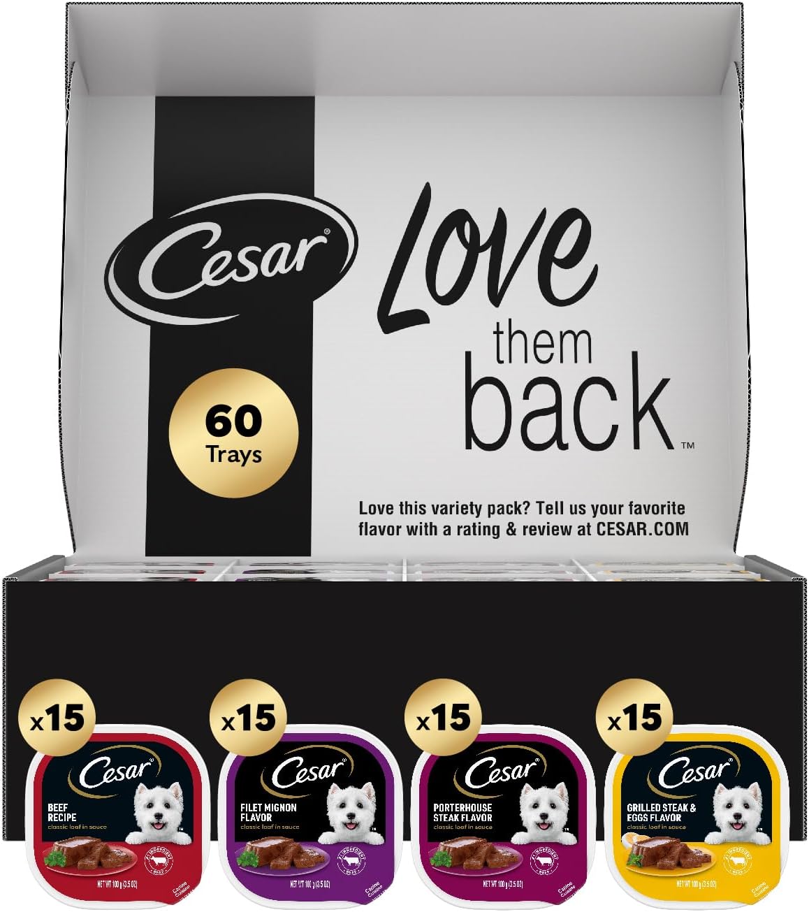 Cesar Classic Loaf in Sauce Wet Dog Food, Variety Pack, 3.5 oz, 60 Count | Made in USA, No fillers or artificial flavors, slow-cooked juicy texture, works as a meal or food topper, easy peel trays