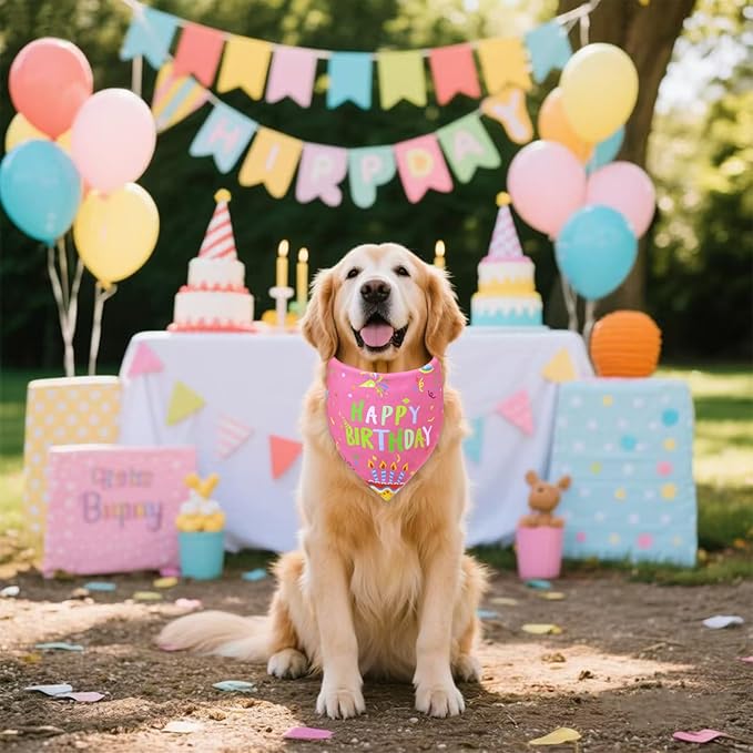 Dog Birthday Bandana Girl for Large X-Large Dogs, Reversible 2 Patterns in 1, Pink Confetti Scarf, Happy Birthday Party Outfit Puppy Gift (18-23" Neck)