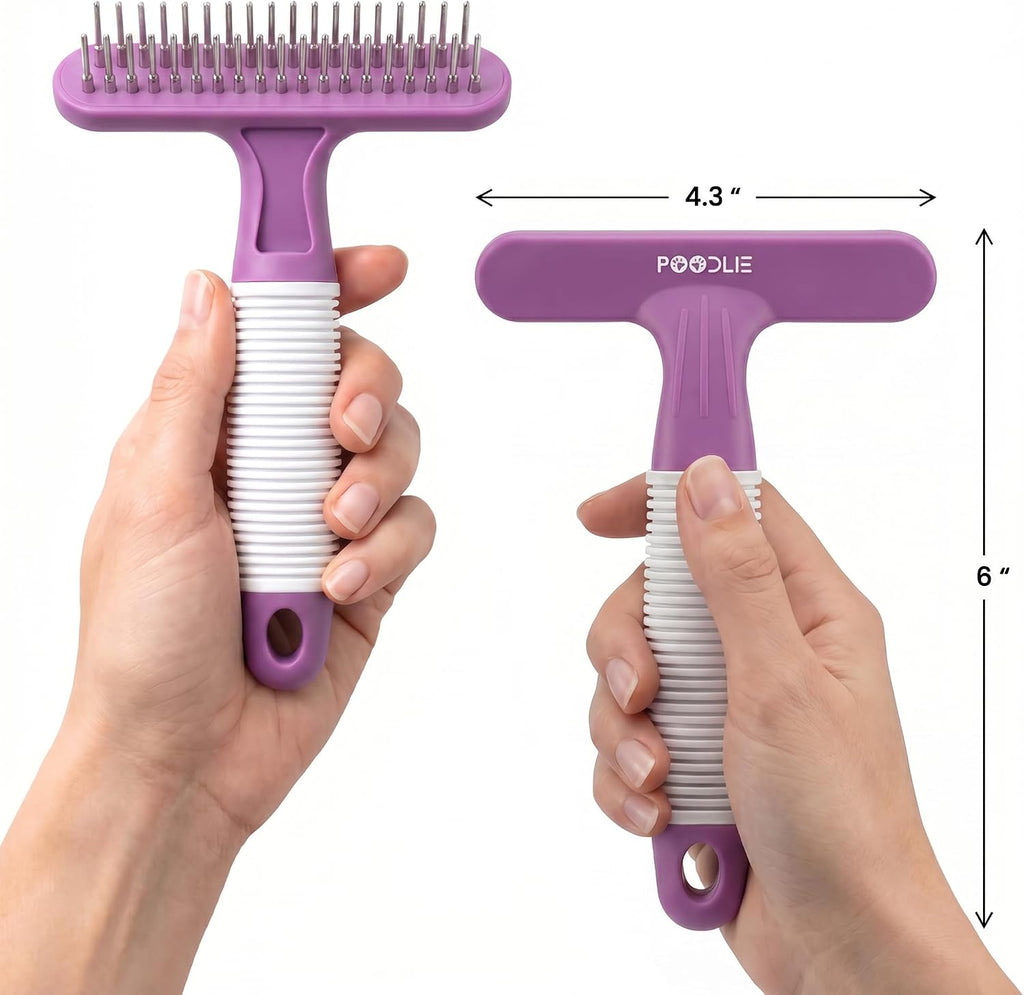 Poodle Pet Dog Grooming Rake| Dematting Tool with Stainless Steel Shedding Comb for Pets | 2 Rows of Pins Gently Remove Loose or Tangled Hair from Undercoat | Purple Handle