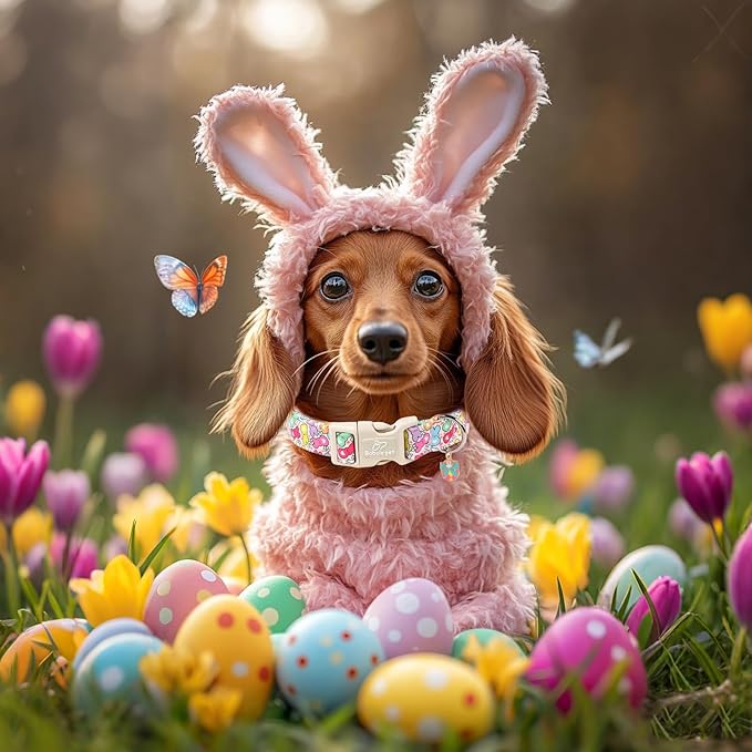 Easter Dog Collar for Medium Dogs - Colorful Bunny Print Easter Collar for Male Female Dogs, Lightweight Adjustable Spring Holiaday Dog Collars with Quick Release Buckle M