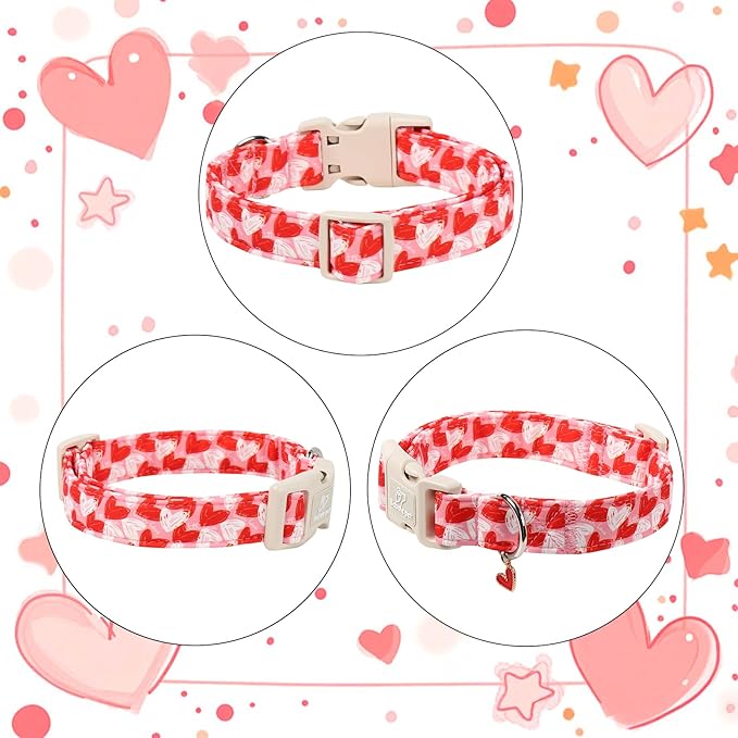 Valentines Dog Collar for Small Dogs - Cute Pink Girl Dog Collar, Doodle Heart Pattern, Adjustable Valentine Dog Collars with Red Heart Charm S