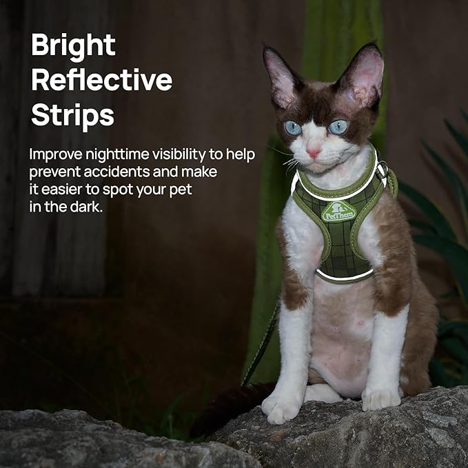 Cat Harness and Leash Set, Step-in Escape Proof Adjustable Vest Harness for Small Medium Large Cats, Lightweight Soft Breathable Reflective Kitten Harness for Walking Travel, Camping(Green, L)