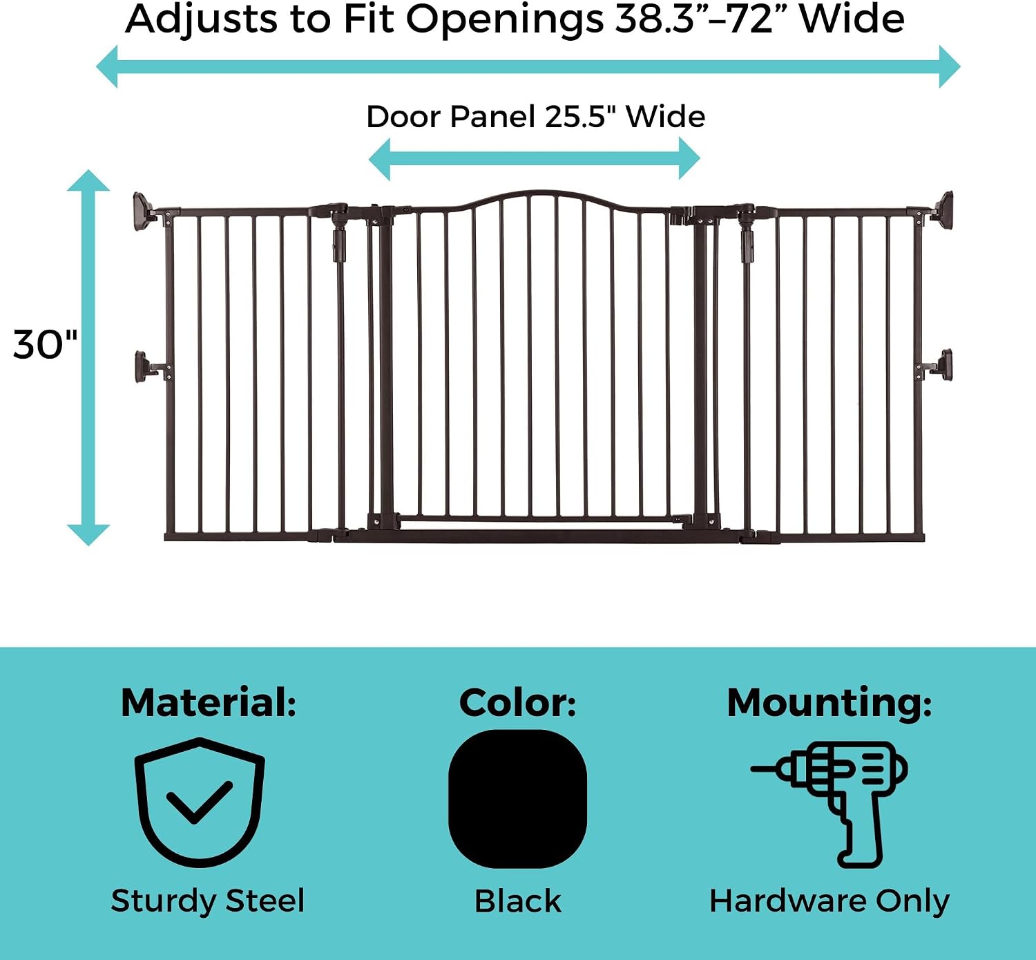 Toddleroo by North States - Deluxe Décor Universal Fit Safety Gate: Hardware Mounted Extra Wide Metal Baby Gate with Tall Baseboard Mounts, Adjustable Child Gate; 38.3" to 72" Wide; 30" Tall; Black