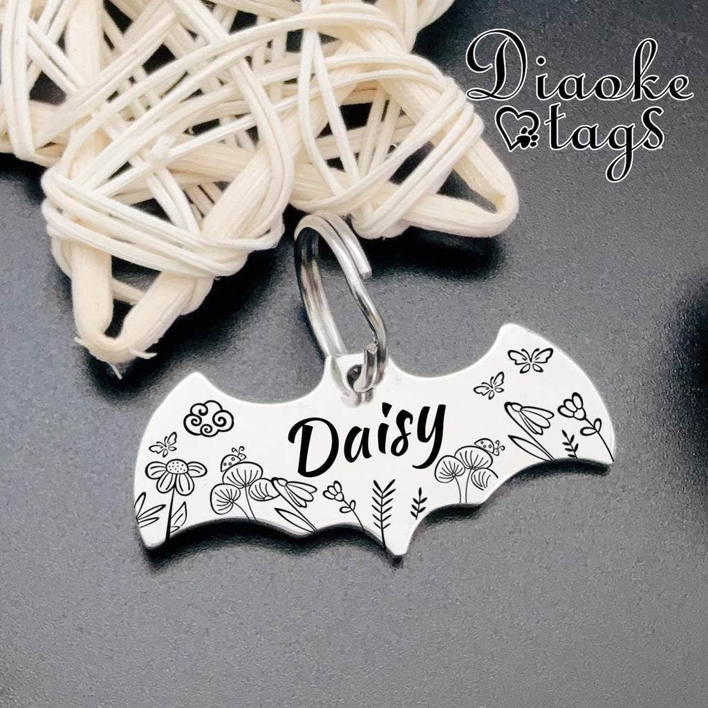 Stainless Steel Cat ID Tag Personalized Pet Tags with up to 4 Lines of Custom Text, Small Pet Mini Dog Cat Tag Lightweight, Engraved on Both Sides, Multiple Patterns Colors Size Options (Bat Shaped)