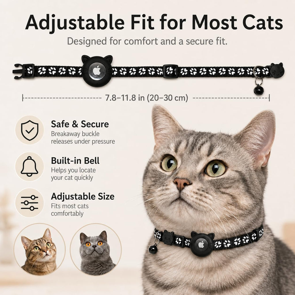 Cat Collar Breakaway 2packs, Reflective Kitten Collar with Apple Air Tag Holder and Bell for Girl Boy Cats, 0.4 Inches in Width and Lightweight (Black)