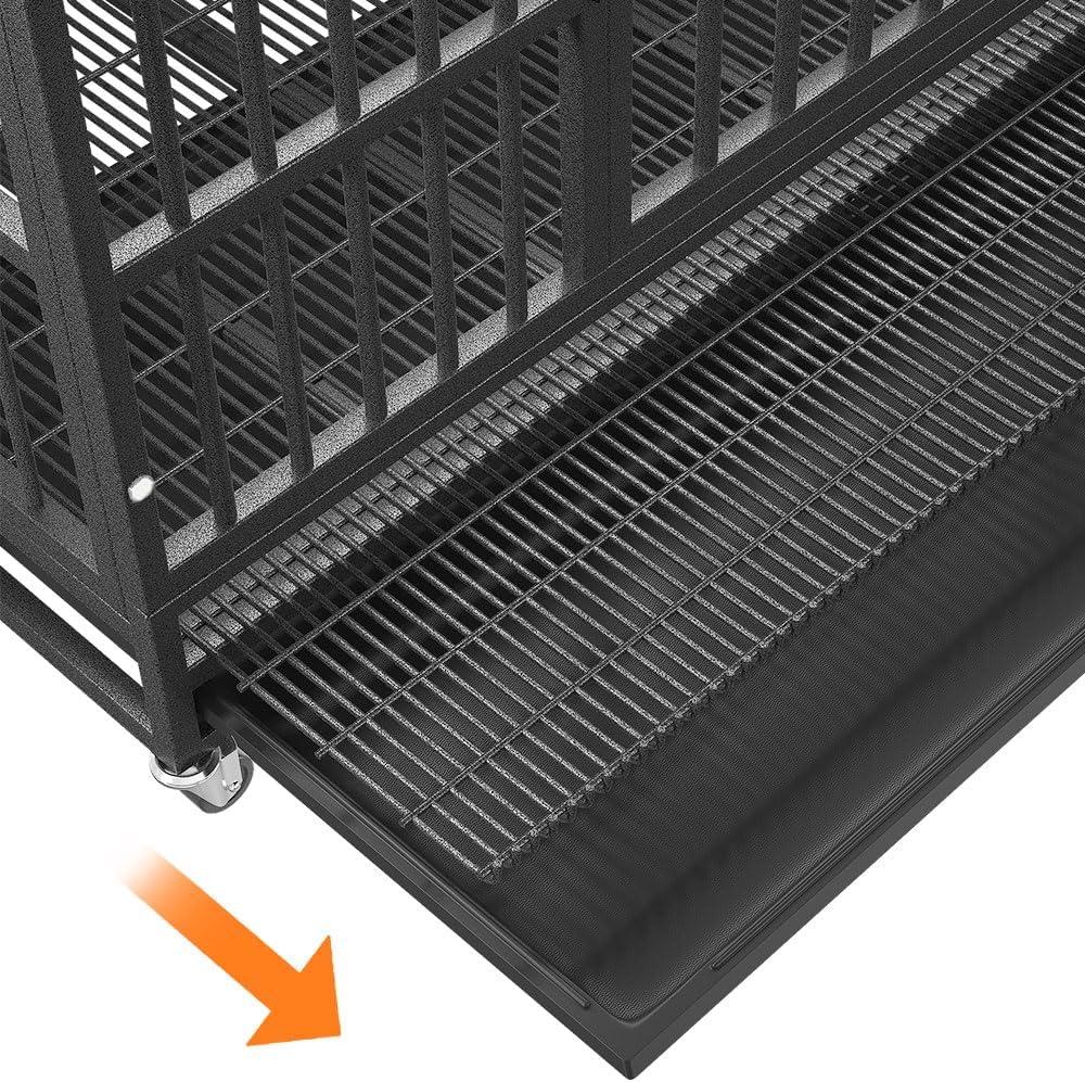 KOKOTANGS 42 Inch Heavy Duty Dog Crate Cage with Wheels, Indestructible and Escape Proof Steel Kennel Indoor for High Anxiety Dogs with Sturdy Locks, Double Door and Tray, Extra Large XL XXL, Black