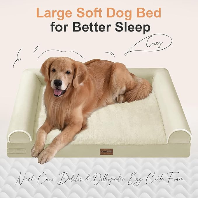 Large Dog Bed Orthopedic Washable: Beds Bolster XL Bed Large Big Dogs Egg Crate Foam Couch Sofa Waterproof with Removable Cover - Beige