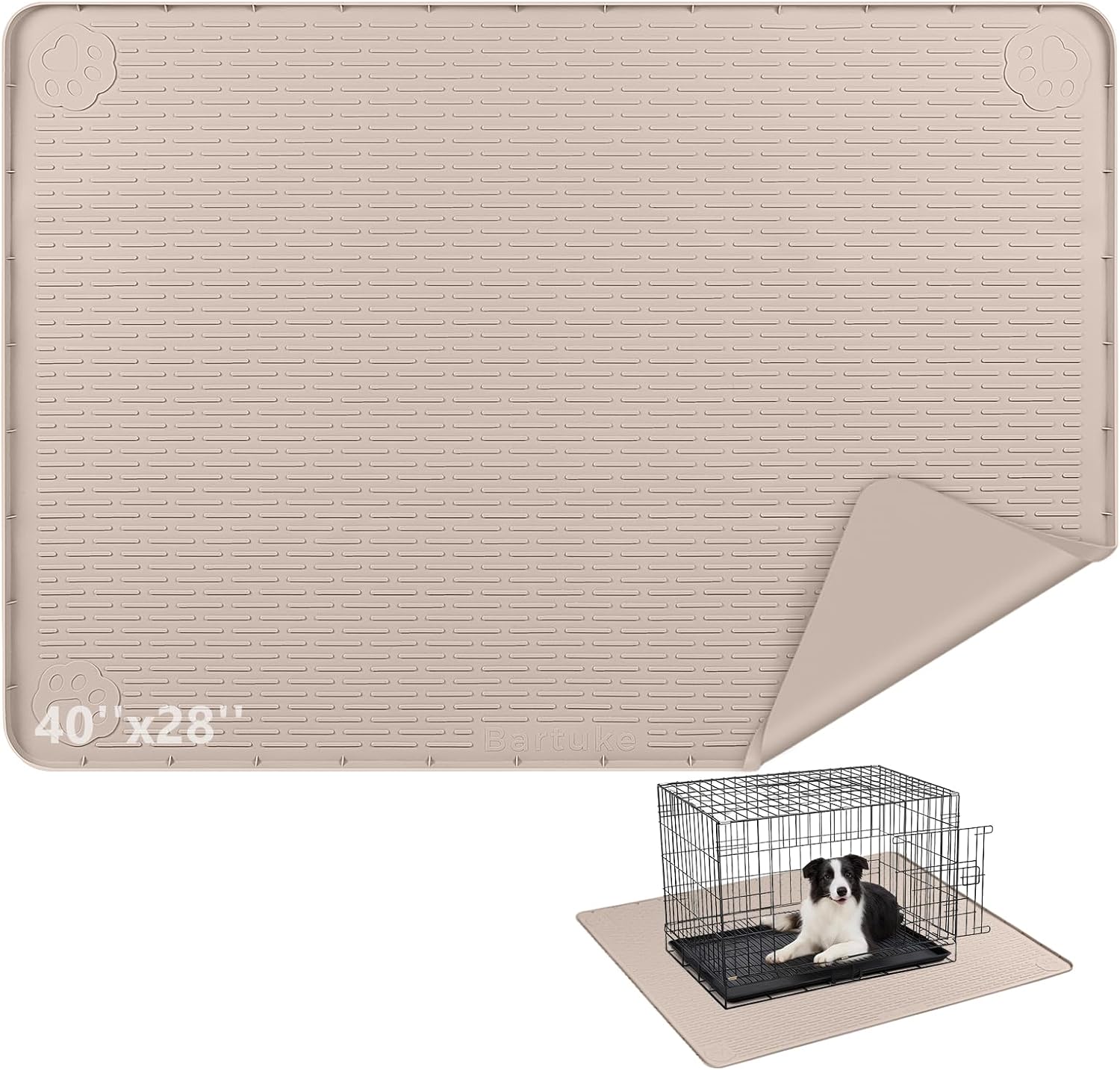 Silicone Dog Crate Mat 40"x 28" Under Dog Crate Kennel Pad Mat, Khaki | Extra Large Dog Cage Mat, Non-Slip Waterproof Dog Playpen Mat, Reusable Washable Dog Mat for Crate, Protect Floors