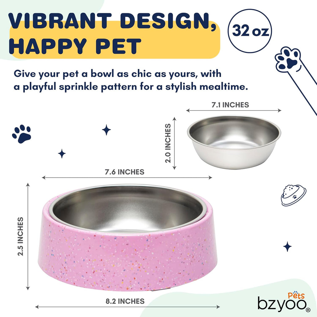 32oz 4CUP Dog & Cat Bowl, Sprinkle Design, Slanted Stainless Steel Pet Bowl with Removable Inner Bowl, Non-Slip Silicone Base, Dishwasher Safe, for Dry/Wet/Raw Food & Water (Pink)