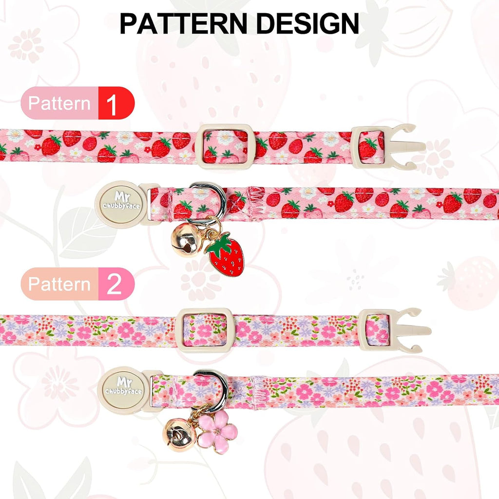 ·MR. CHUBBYFACE· 2 Pack Spring Summer Cat Collar, Cotton Breakaway Cat Collar with Bell, Strawberry&Floral Pendent, Adjustable Durable Pet Collar for Female Male Cat