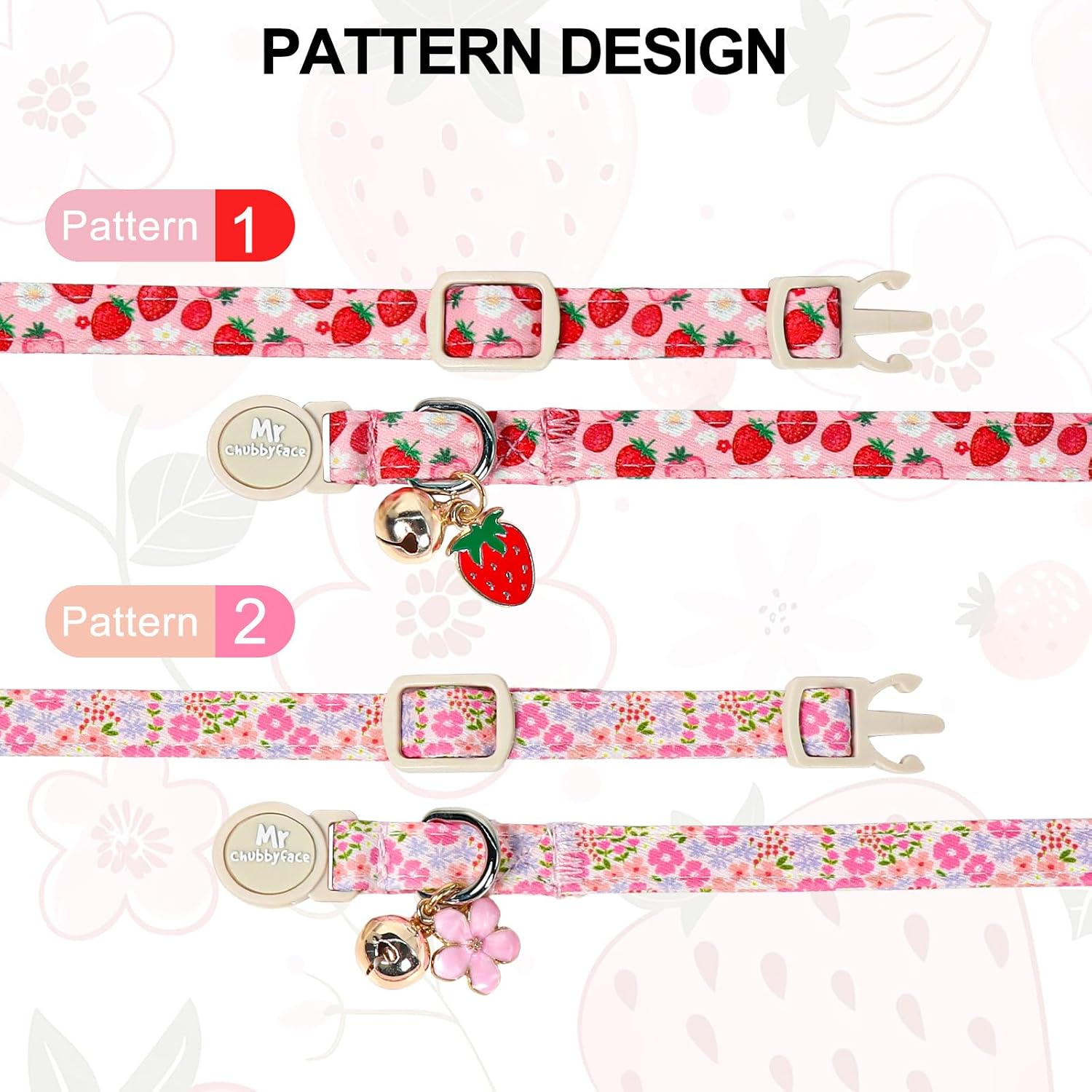 ·MR. CHUBBYFACE· 2 Pack Spring Summer Cat Collar, Cotton Breakaway Cat Collar with Bell, Strawberry&Floral Pendent, Adjustable Durable Pet Collar for Female Male Cat