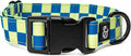 Lucy & Co. Have a Nice Day Dog Collar - Durable Lightweight Designer Collar for Pets - Adjustable Metal Safety Buckle - Lime Green Blue Checker - Small