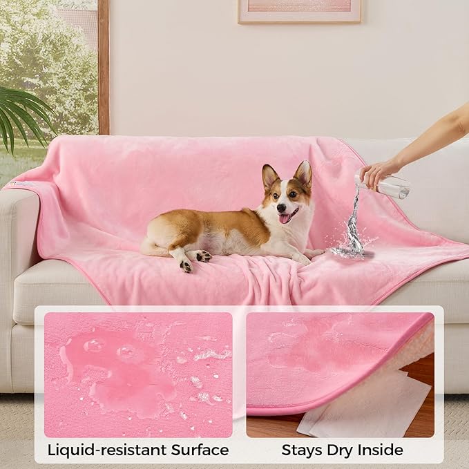 Sunheir Waterproof Blanket for Twin Size Bed - 80"x60" Soft Reversible Sherpa Fleece Flannel Dog Blankets for Large Dogs, Pet Blanket for Bed, Couch, Soft Plush Furniture Protector, Pink