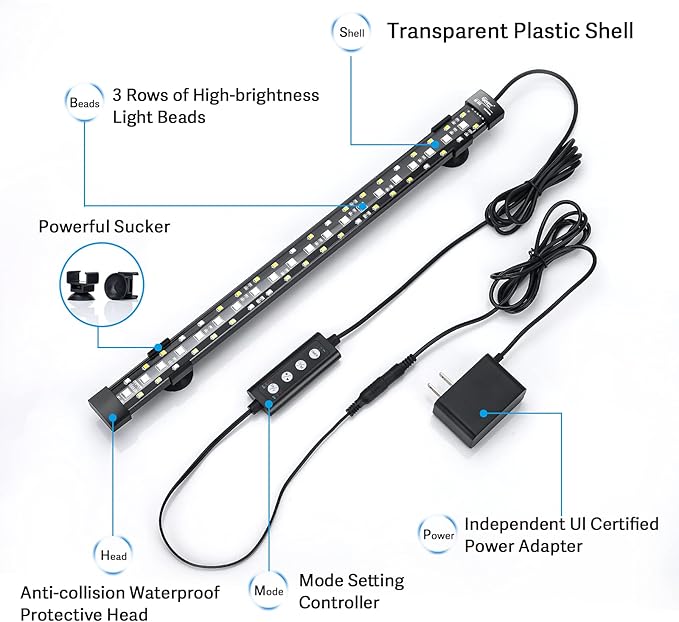 hygger 24/7 Mode Submersible Aquarium LED Light, Full Spectrum Hidden Fish Tank Light with 3 Rows Beads 7 Colors Auto On Off Sunrise-Daylight-Moonlight, Adjustable Timer Brightness (23.6in 14W)
