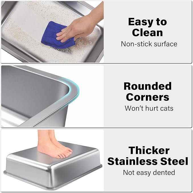Stainless Steel Litter Box, Metal Litter Boxes 17.7" x 13.7" x 4",Small Litter Box for Kittens,Easy Entry Easy Clean Non Stick No Smell for Senior Cats or Short Legged Cat/Bunny