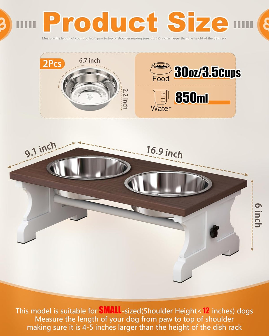 Piskyet Elevated Dog Bowls,Dog Bowl Stand, 3.5Cups6''H_30 oz Bowl-Farmhouse | Farmhouse Dog Bowls Stand, Raised Dog Bowl with 2 Stainless Steel Wooden Dogs Bowls for Small Size Dogs