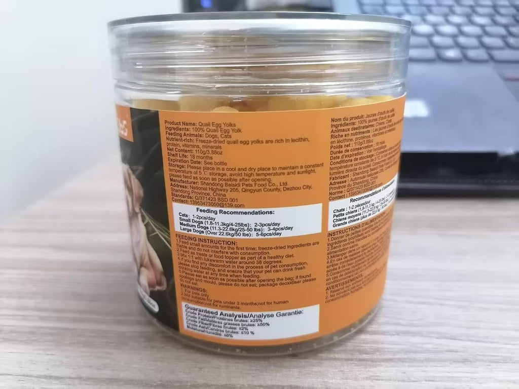 Dehydrated Quail Egg Yolk Snacks for Cats and Dogs Training (110g/3.88oz), Natural Dog Food Limited Ingredient, Healthy Tasty Freeze-Dried Pet Treats for Dogs Cats (M, Egg)