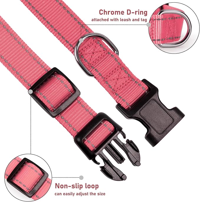 Reflective Dog Collar with Buckle Adjustable Safety Nylon Collars for Small Medium Large Dogs, Light Pink XS