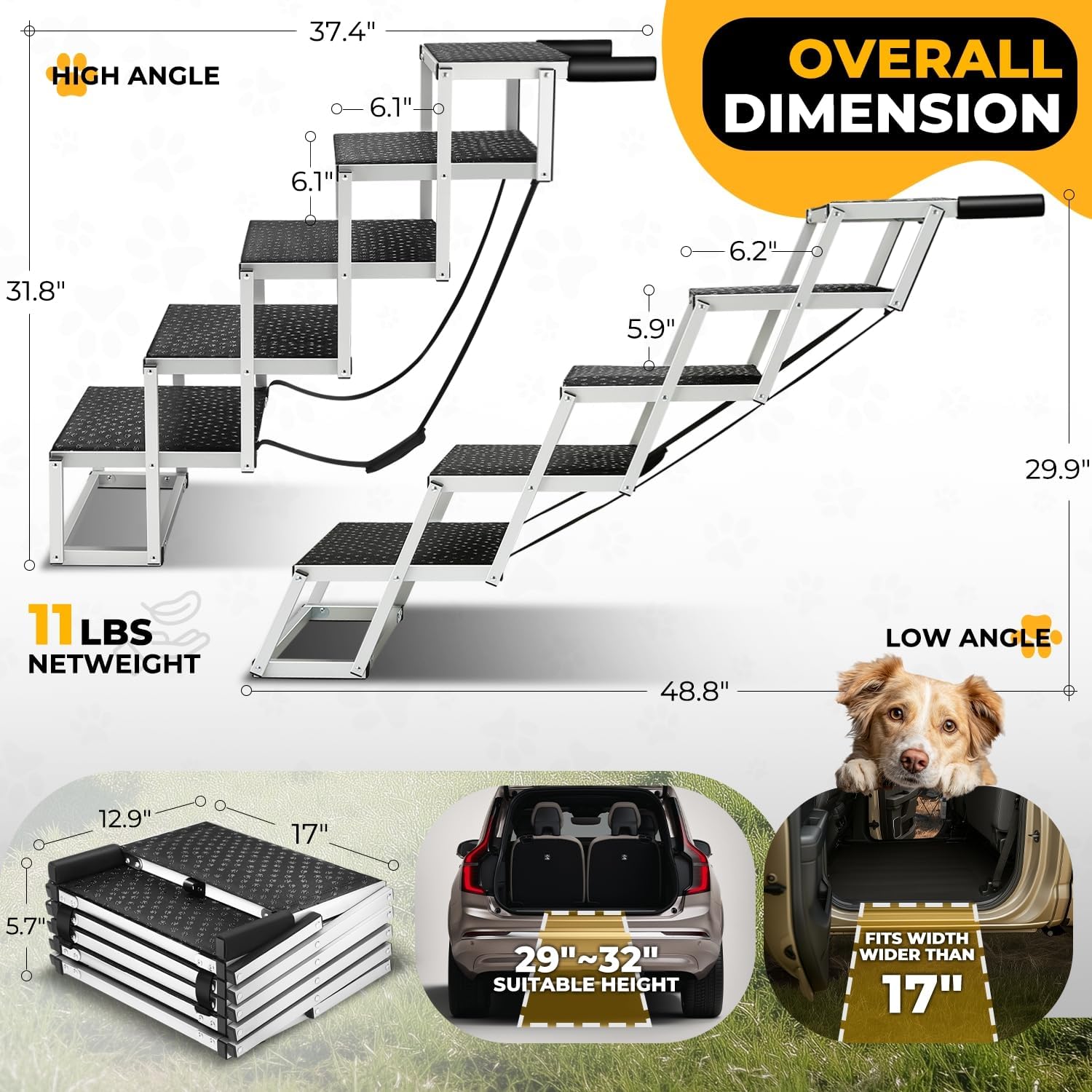 Auto Dynasty Dog Stairs for Car - 5 Steps Wide 37in High 31in Foldable Dog Ramp for Car Non-Slip Surface Support up to 150lbs - Suitable for SUV,Truck, Sofas, Bed/Couch