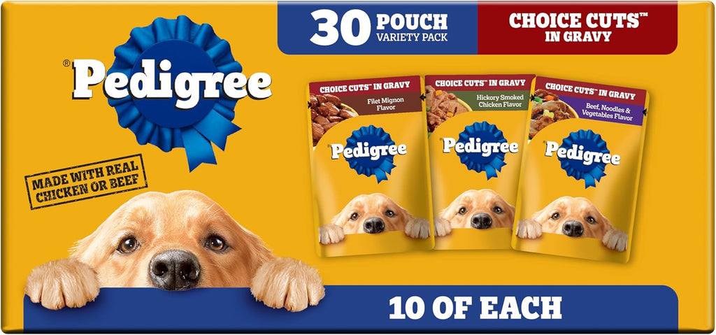 Pedigree Choice Cuts Wet Dog Food Pouch, Protein Variety, 3.5 oz, 30 Count | Beef, Chicken & Filet Mignon, no added sugars or artificial flavors, 36 vitamins & minerals, 50%+ water, complete & balanced